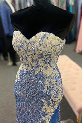 Periwinkle Strapless Sequin Prom Dress with Appliques